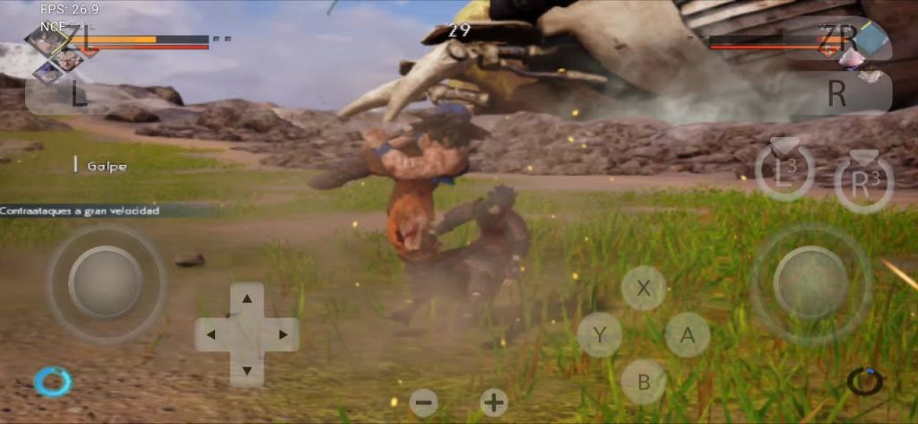 Intense ground combat moment showing Goku being slammed by opponent on grassy battlefield scene.