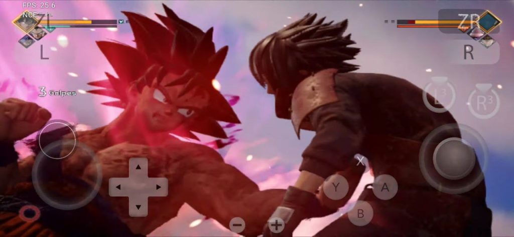 Epic close-up battle scene between Goku and opponent with fiery aura effects in Jump Force game.