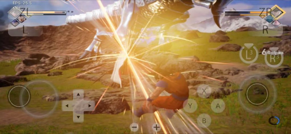 Goku delivering a powerful energy strike with bright explosion effects against giant enemy in battle.