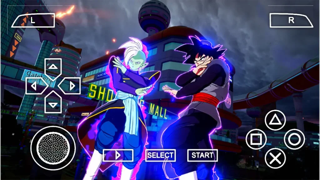 Dragon Ball Sparking Zero PSP gameplay screenshot showing Zamasu and Goku Black preparing for battle with vibrant energy effects