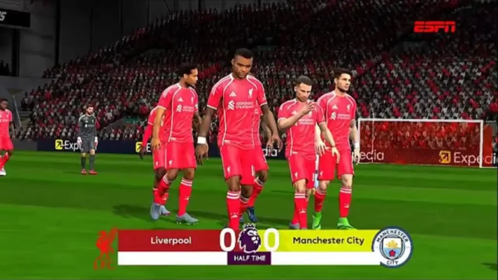 FIFA 16 Mod DFL 26 HD gameplay showing Liverpool Vs Manchester City Finish match with 0:0 in half time.