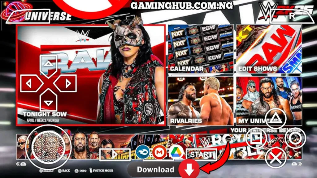 WWE 2K25 PSP main menu showing updated 2025 roster and interface on Android