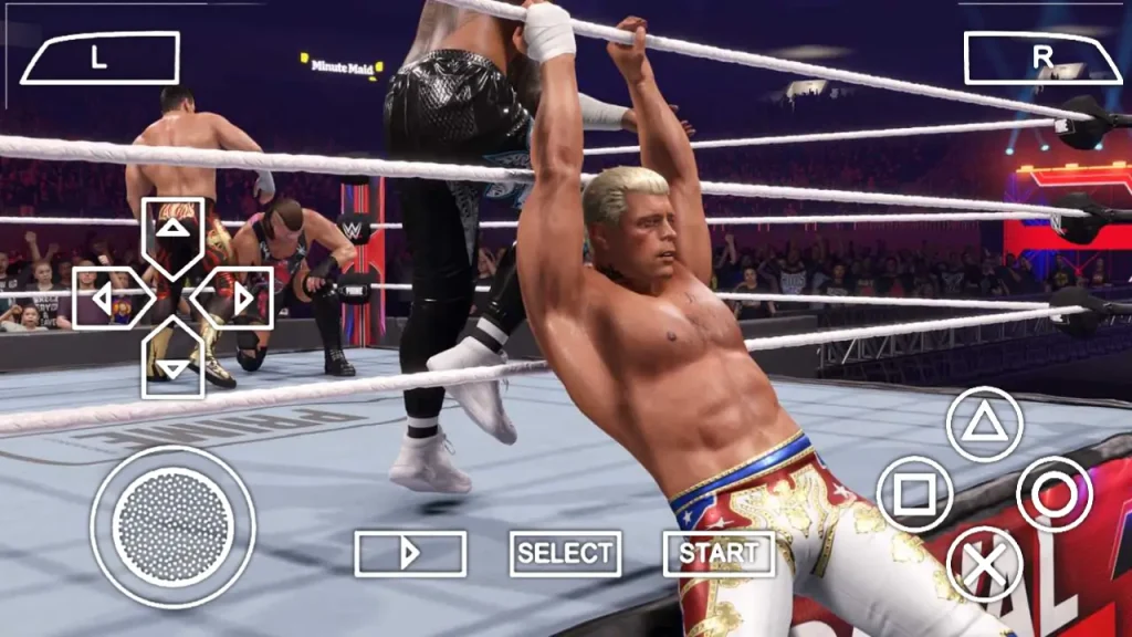 WWE 2K25 PSP gameplay showing high-definition wrestler models and arena lighting on PPSSPP