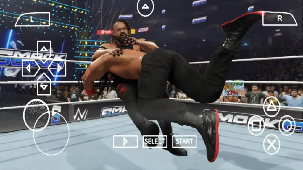 WWE 2K25 PSP commentary gameplay with crowd chants and ring announcer interface on Android