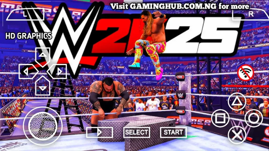 WWE 2K25 PPSSPP Android gameplay showing realistic wrestler models and enhanced lighting effects