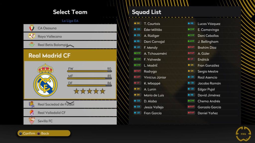 Real Madrid squad list in eFootball Mod FC 2026 showing updated player roster and ratings