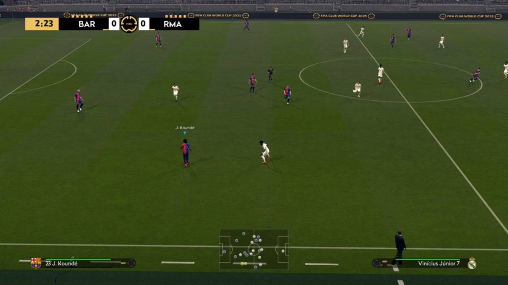 Barcelona vs Real Madrid gameplay in eFootball Mod FC 2026 with PS5 camera view inside stadium