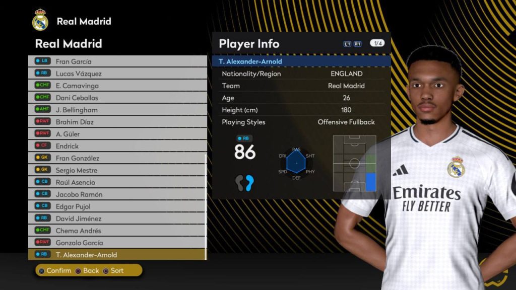 Real Madrid player info screen in FC 2026 Mod displaying stats, kits, and profile details