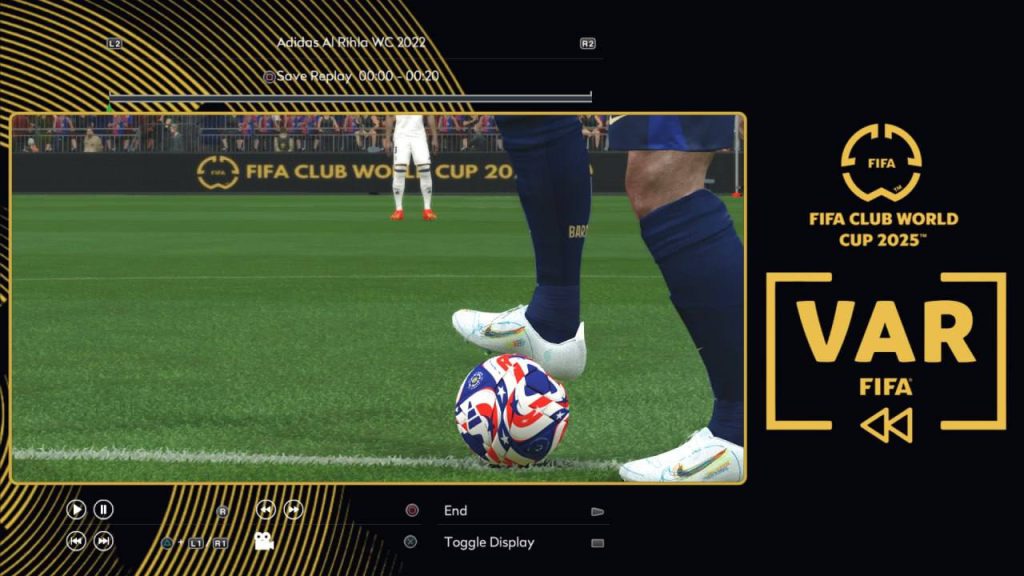 VAR decision moment in eFootball FC 2026 gameplay showing referee review and replay screen