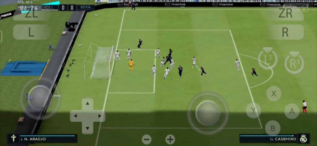 FIFA 20 Legacy Edition Switch gameplay on Yuzu Emulator Android showing smooth 0.5x resolution performance