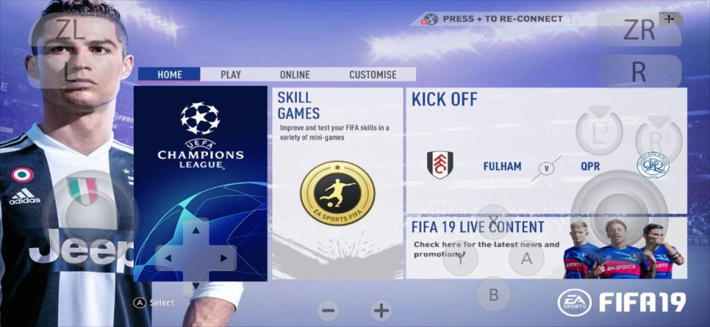 FIFA 19 Legacy Edition main menu displayed in Yuzu Android emulator with full options visible.