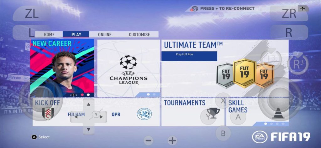 FIFA 19 Nintendo Switch gameplay on Android via Yuzu Emulator showing HD player graphics and smooth motion.