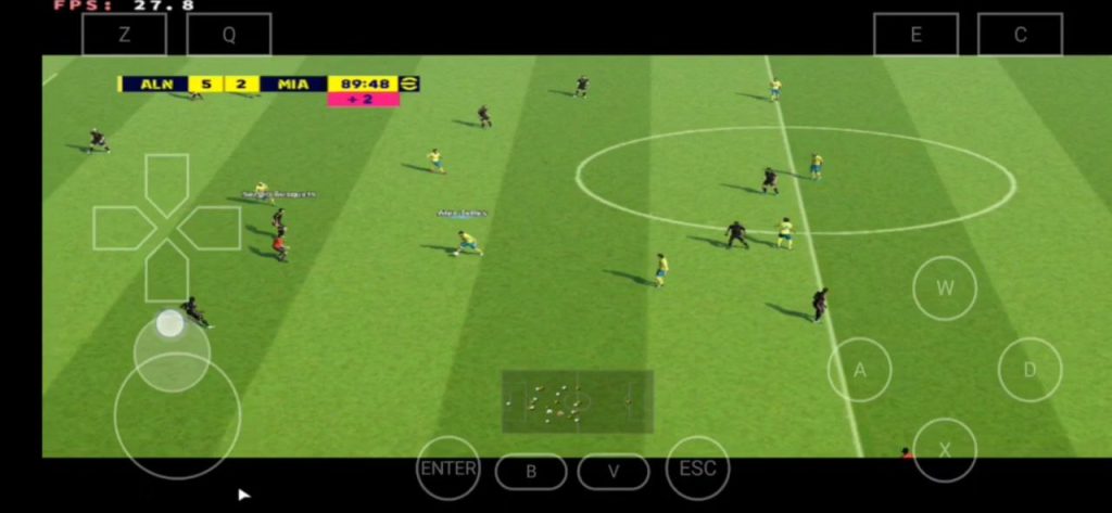 PES 2013 Season 24 live gameplay showcasing dynamic camera angles, realistic player tackles, and detailed stadium environment on Android.