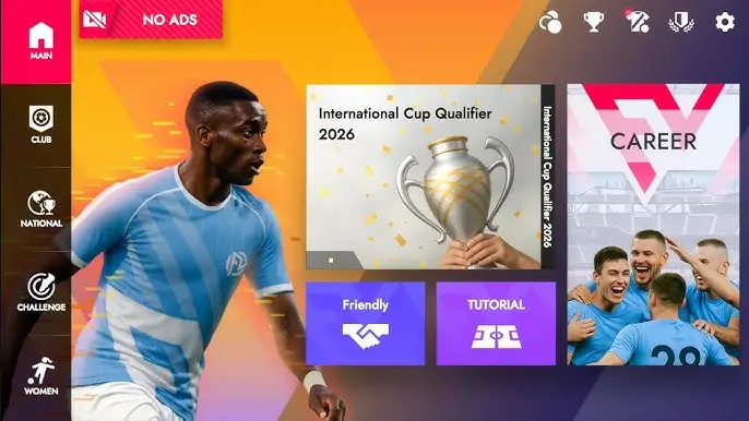 Football League 2026 Mod APK Android main menu showing HD football graphics and player lineup