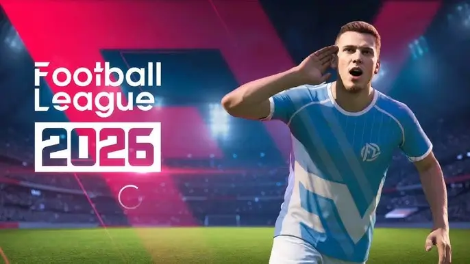 Football League 2026 Mod APK Android cover showing players celebrating victory with stadium lights in background