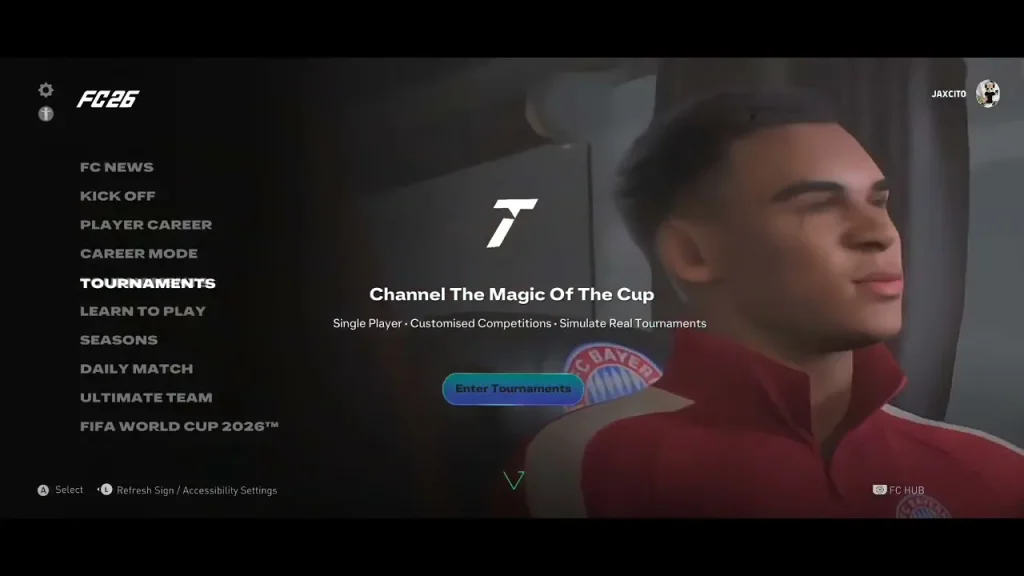 FIFA 16 Mod FC 26 main menu screen showing Kick-Off, Career Mode, and Tournament Mode options on Android interface.