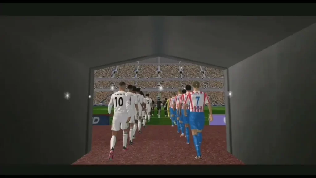 FTS 2026 Mod APK scene showing football player walking out from dressing room onto the pitch before match