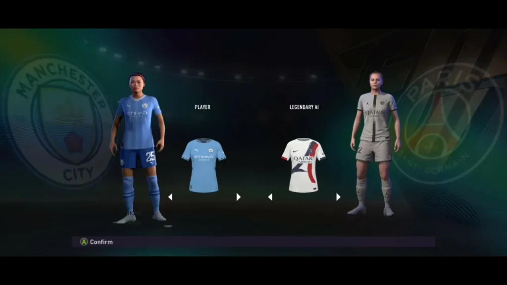 EA SPORTS FC 2026 Mobile APK player selection screen showing Manchester City vs PSG kits before kickoff