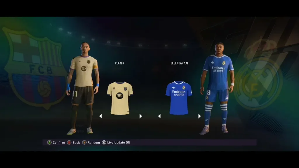 EA SPORTS FC 2026 Mobile APK squad lineup screen featuring Barcelona vs Real Madrid kit selection