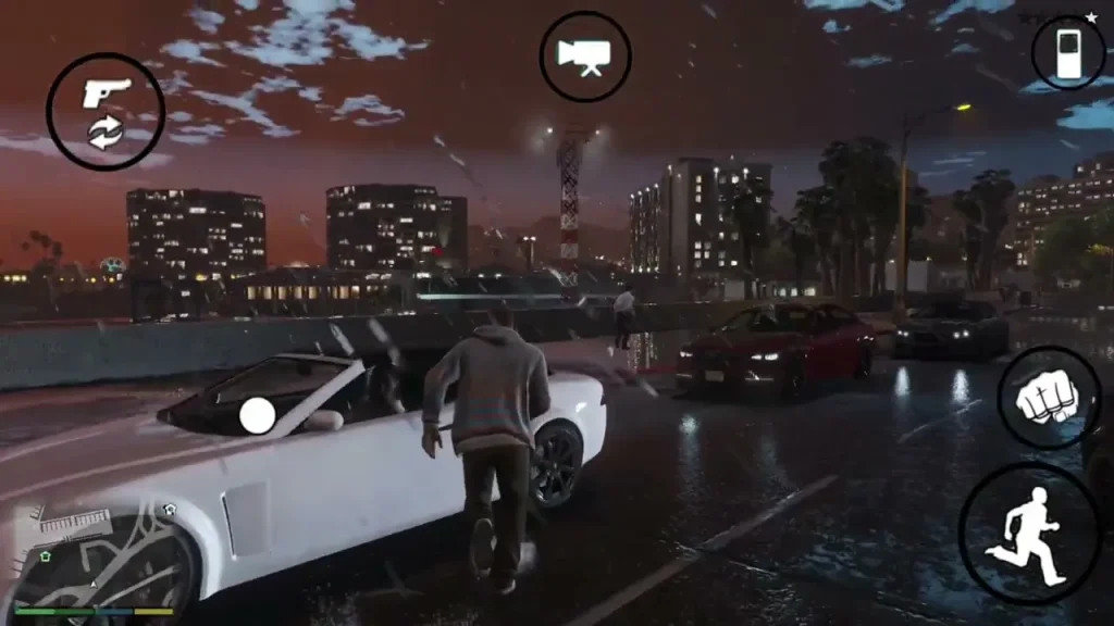 GTA V APK Android mission scene with main characters preparing for a heist inside Los Santos city