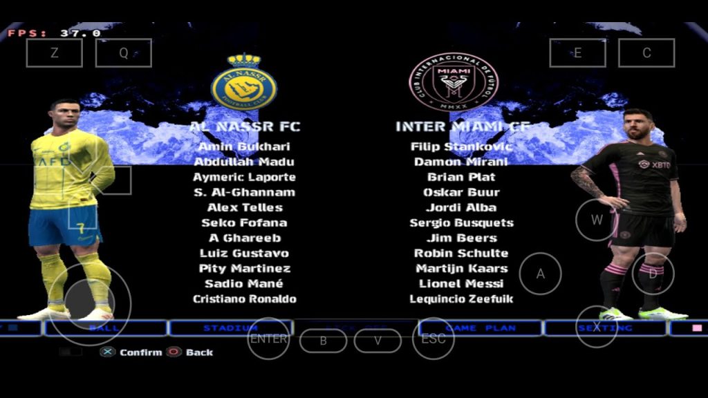 PES 2013 Season 24 Al Nassr vs Inter Miami players lined up on the pitch ready to kick off in realistic stadium lighting.