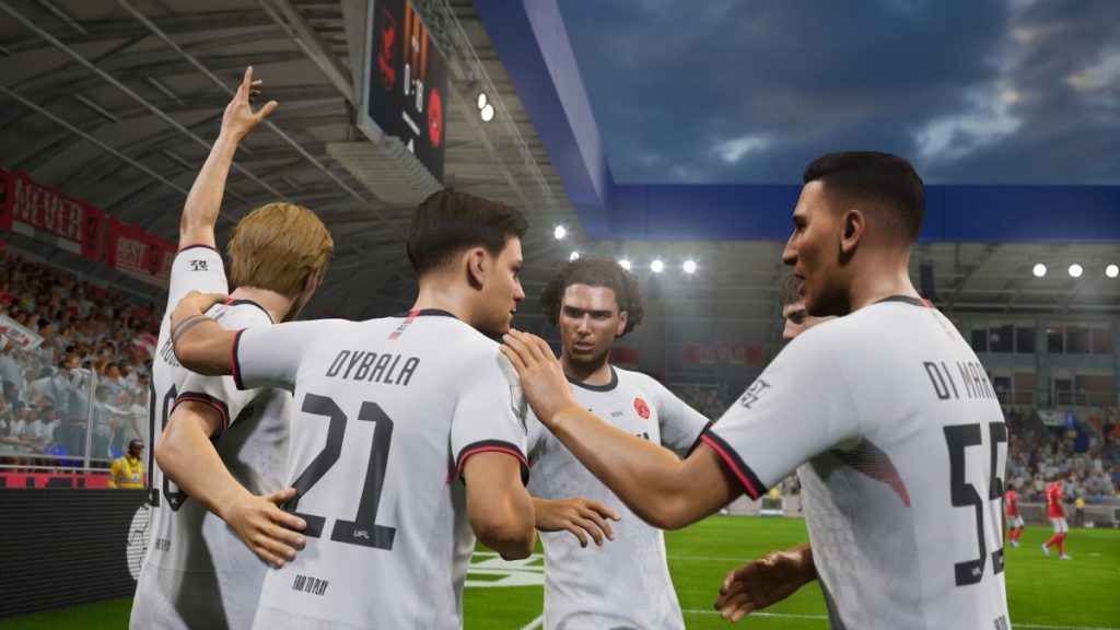FIFA 16 Mod UFL 26 gameplay showing realistic faces with players celebrating goals.