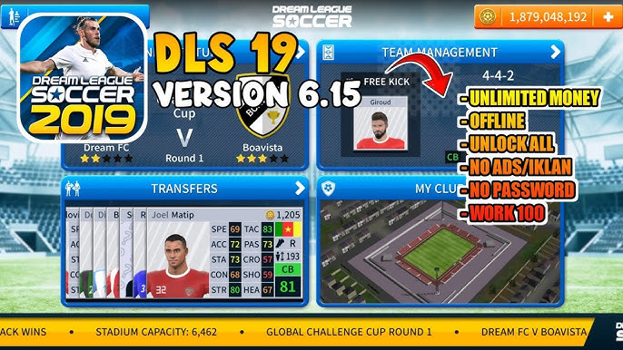 DLS 19 Mod APK Version 6.15 menu showing unlimited money, offline mode, and unlocked features on Android