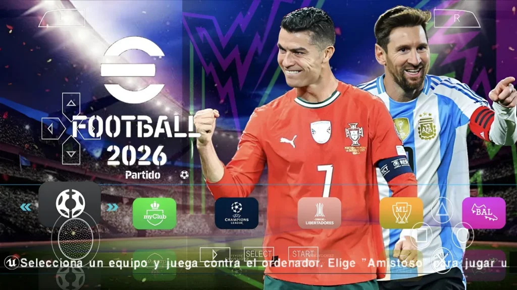 eFootball PES 2026 PSP home menu showing updated 25/26 season interface.