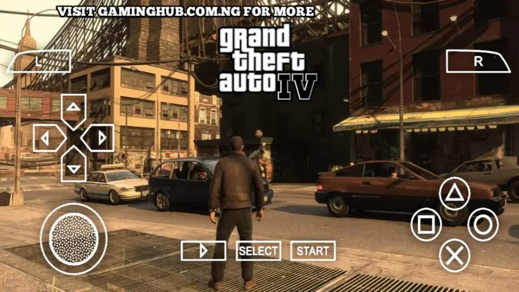GTA IV PSP in-game screenshot showing Liberty City streets and buildings.