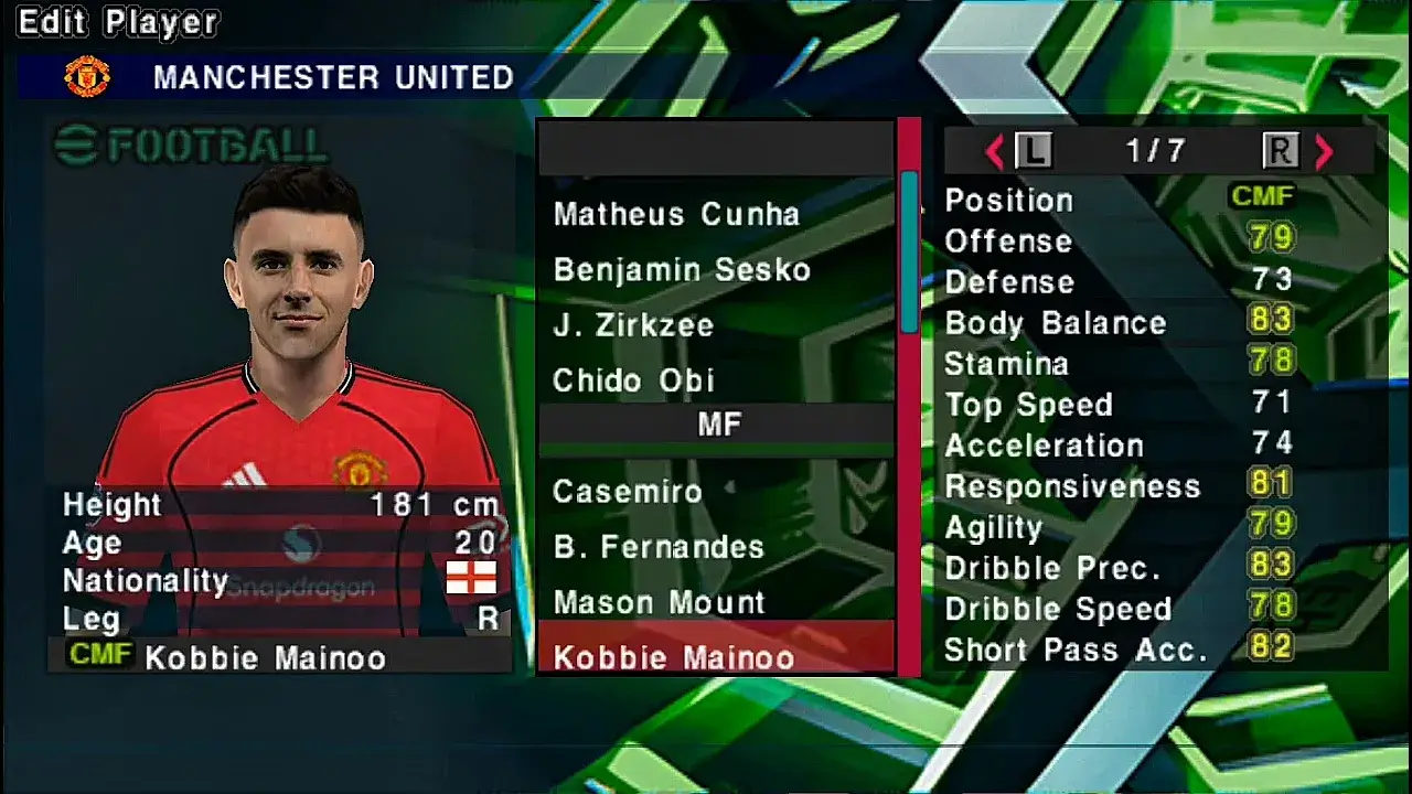 PES 26 PSP squad screen showing updated transfers and World Cup 2026 teams.