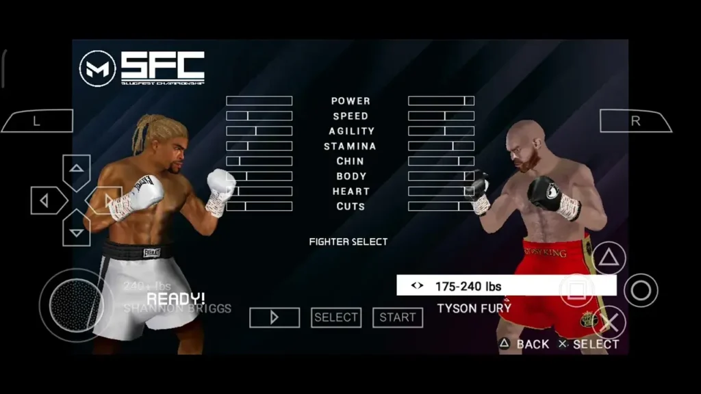 Fight Night Round 3 PPSSPP boxer selection screen showing legendary fighters.