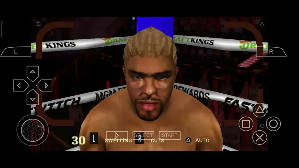 Fight Night Round 3 PSP Mod — A close-up view of a boxer standing in the ring before a match, with visible facial swelling indicators, DraftKings-branded ropes, and an overlaid PSP-style control interface.
